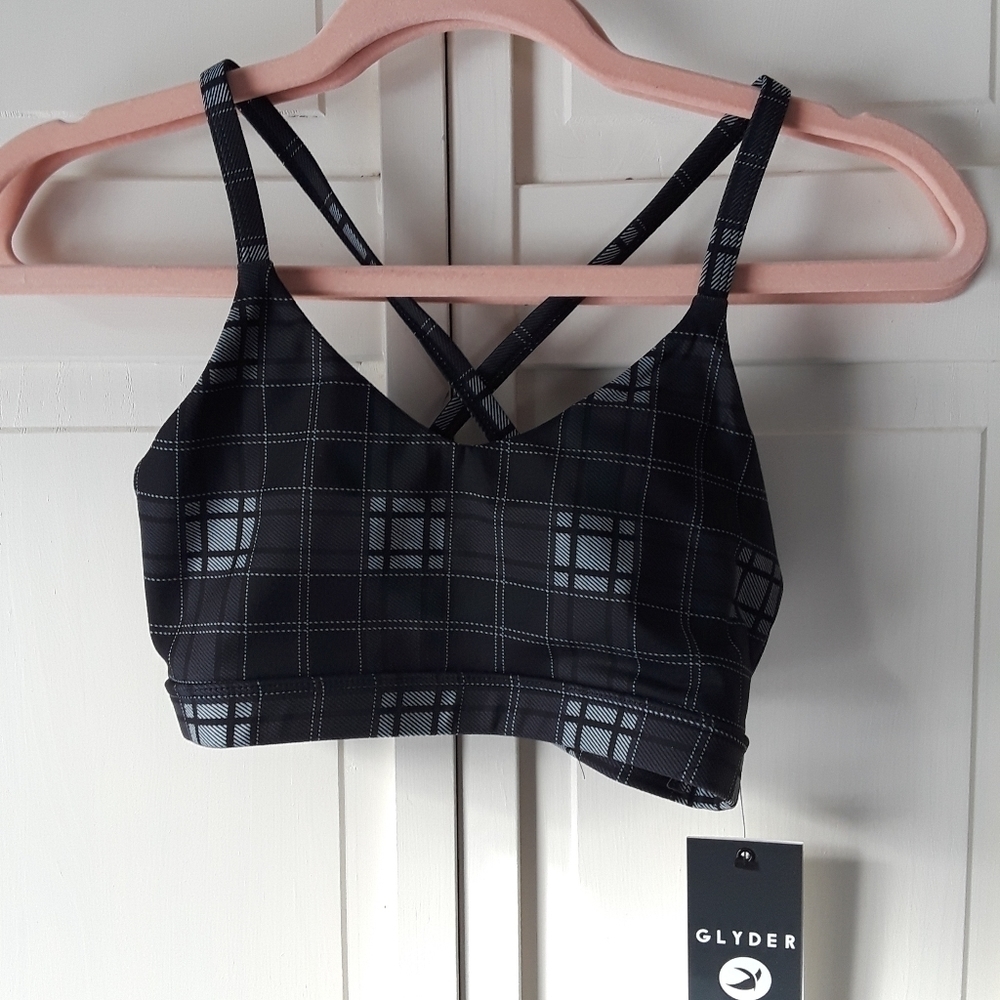 Glyder Black Plaid Lattice Back Sports Bra Size Small